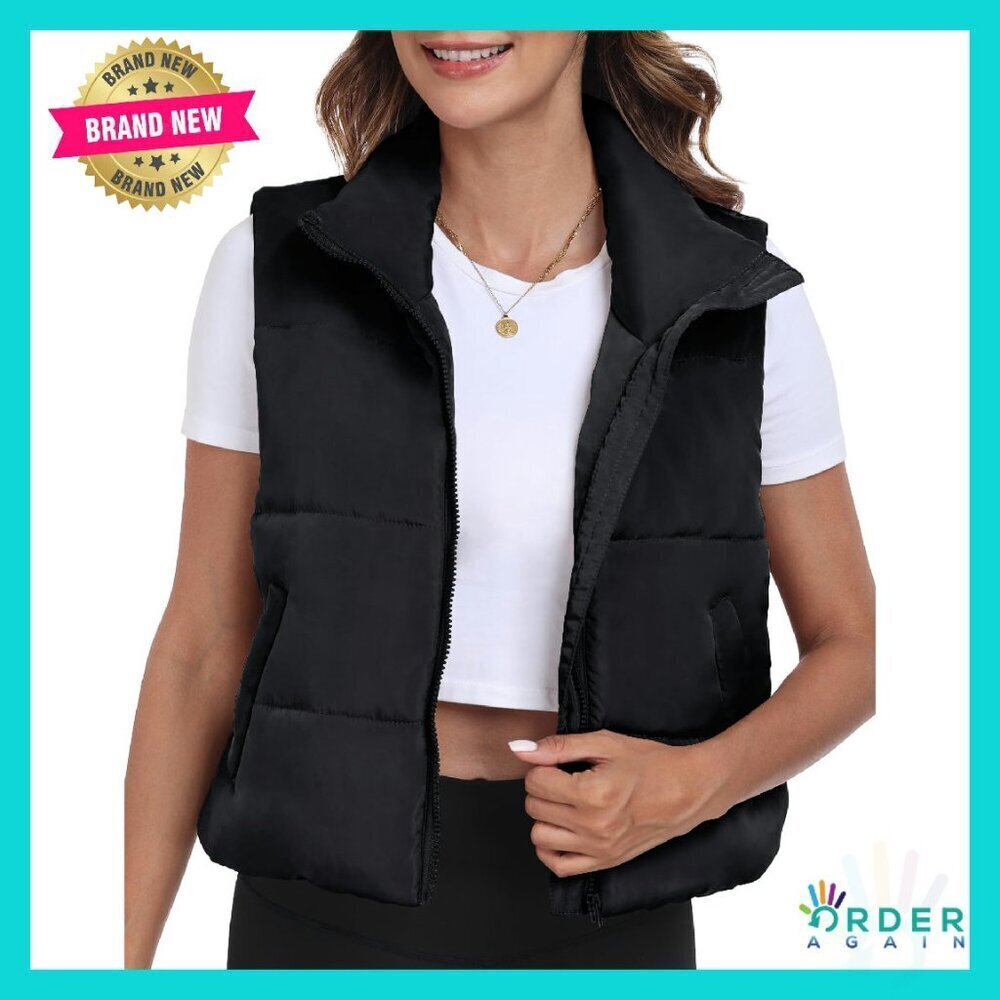 Cropped Puffer Vest Lightweight Sleeveless Winter Fashion Outerwear with Pockets